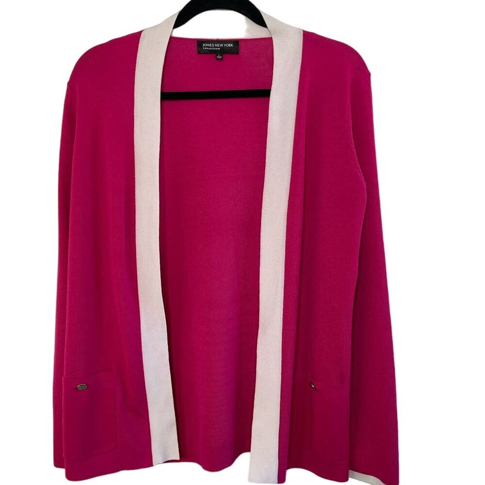 Jones New‎ York Open Cardigan Jersey Long Sleeve Pink White Trim Women's Large
